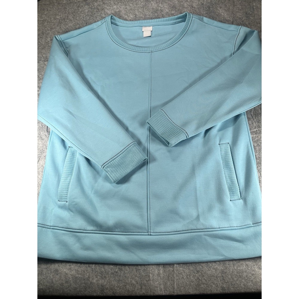 Chicos Zenergy Women's Light Blue LS Pullover Sweatshirt With Pockets Sz 1